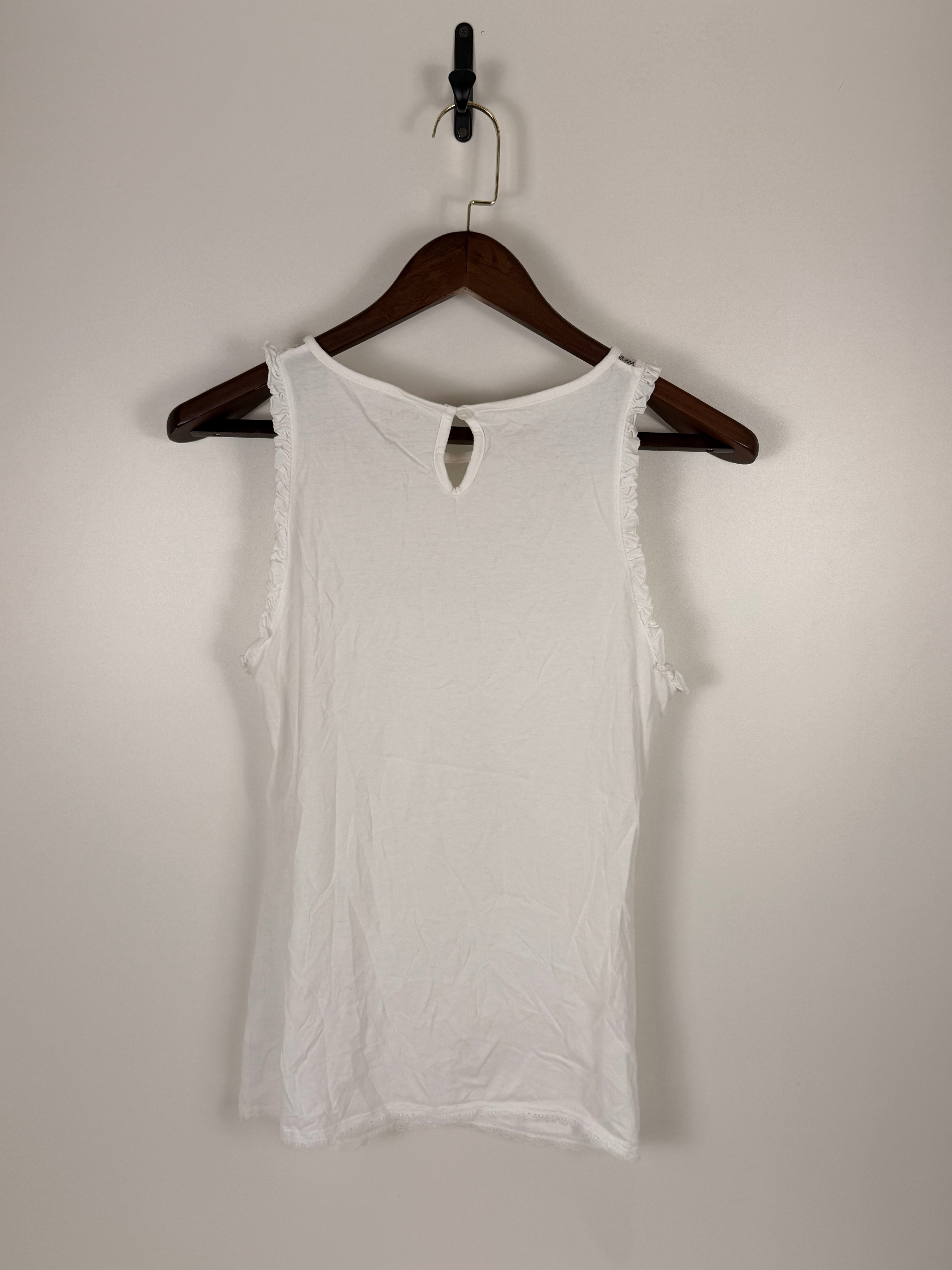 White Mesh Yoke Embroidered Sleeveless Blouse | C:   L: