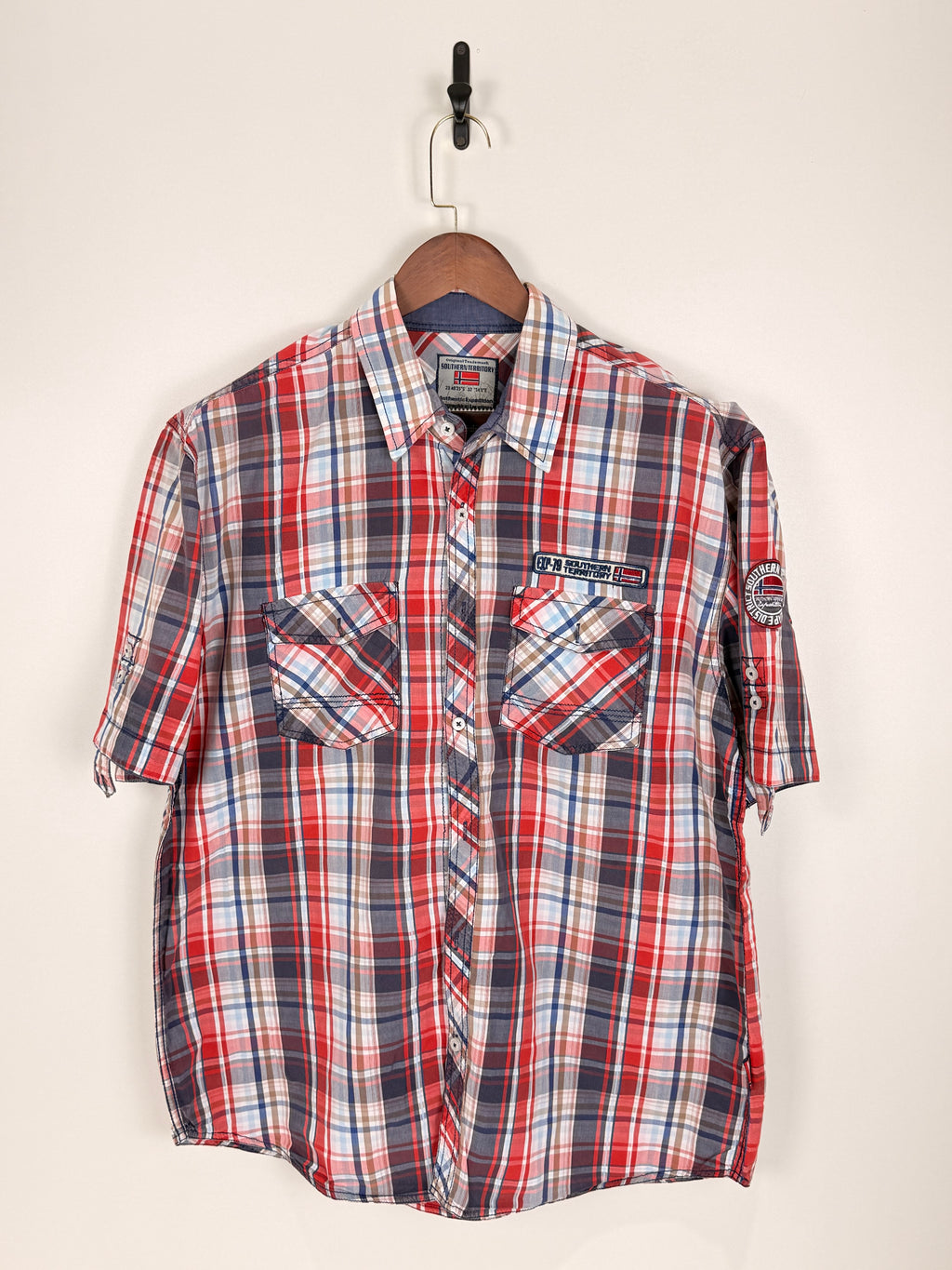 Red, White & Navy Plaid Utility Shirt | C:50 L:31