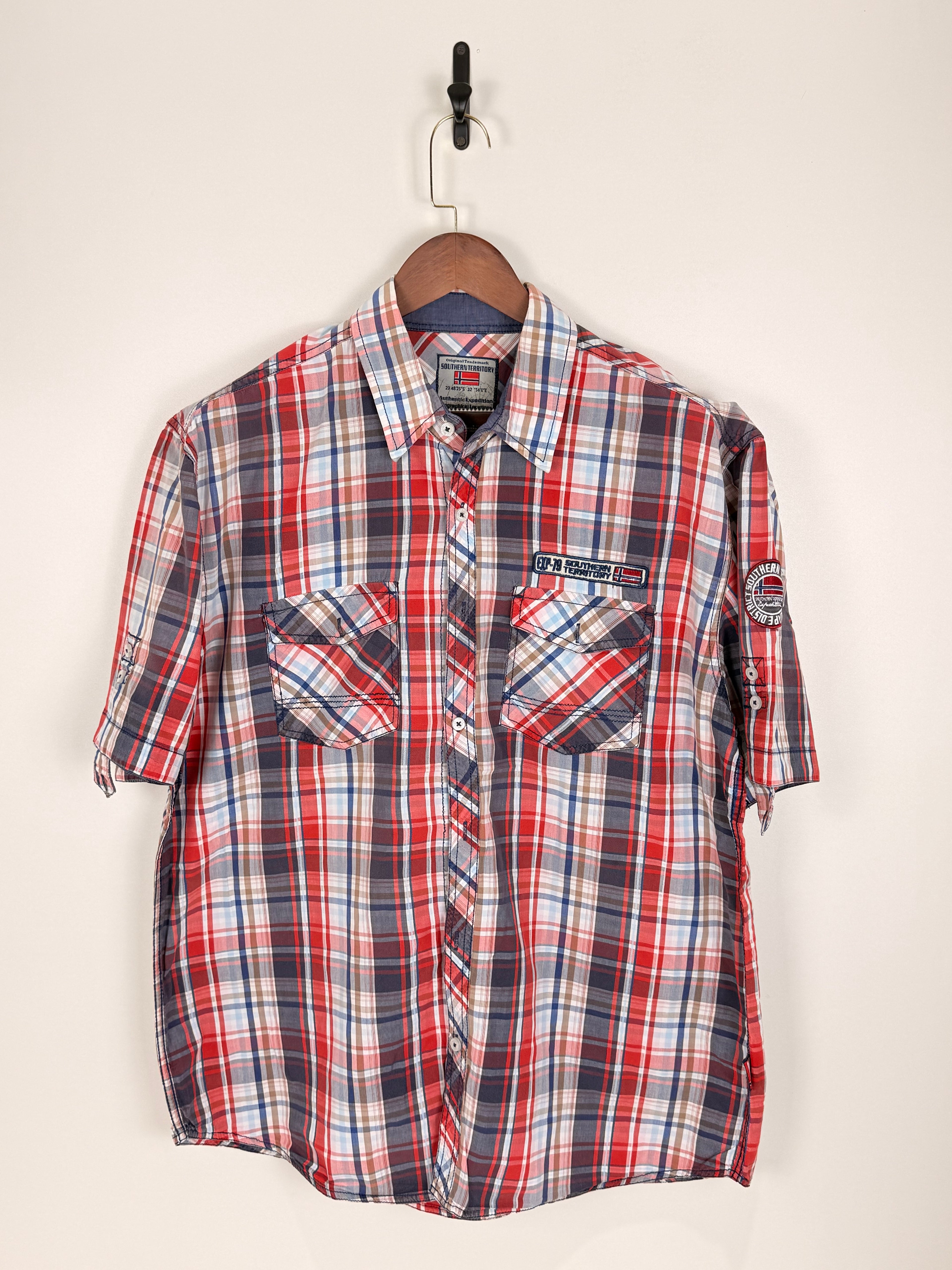 Red, White & Navy Plaid Utility Shirt | C:50 L:31